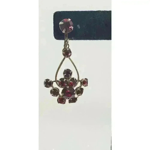 Earrings Cherry Red Long Dangle cluster Rhinestone Vintage Screw Chandelier - Picture 3 of 9
